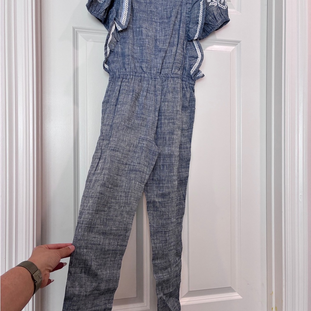 Tartine et Chocolat Linen Denim Jumpsuit with White Embroidery - Picture 6 of 8